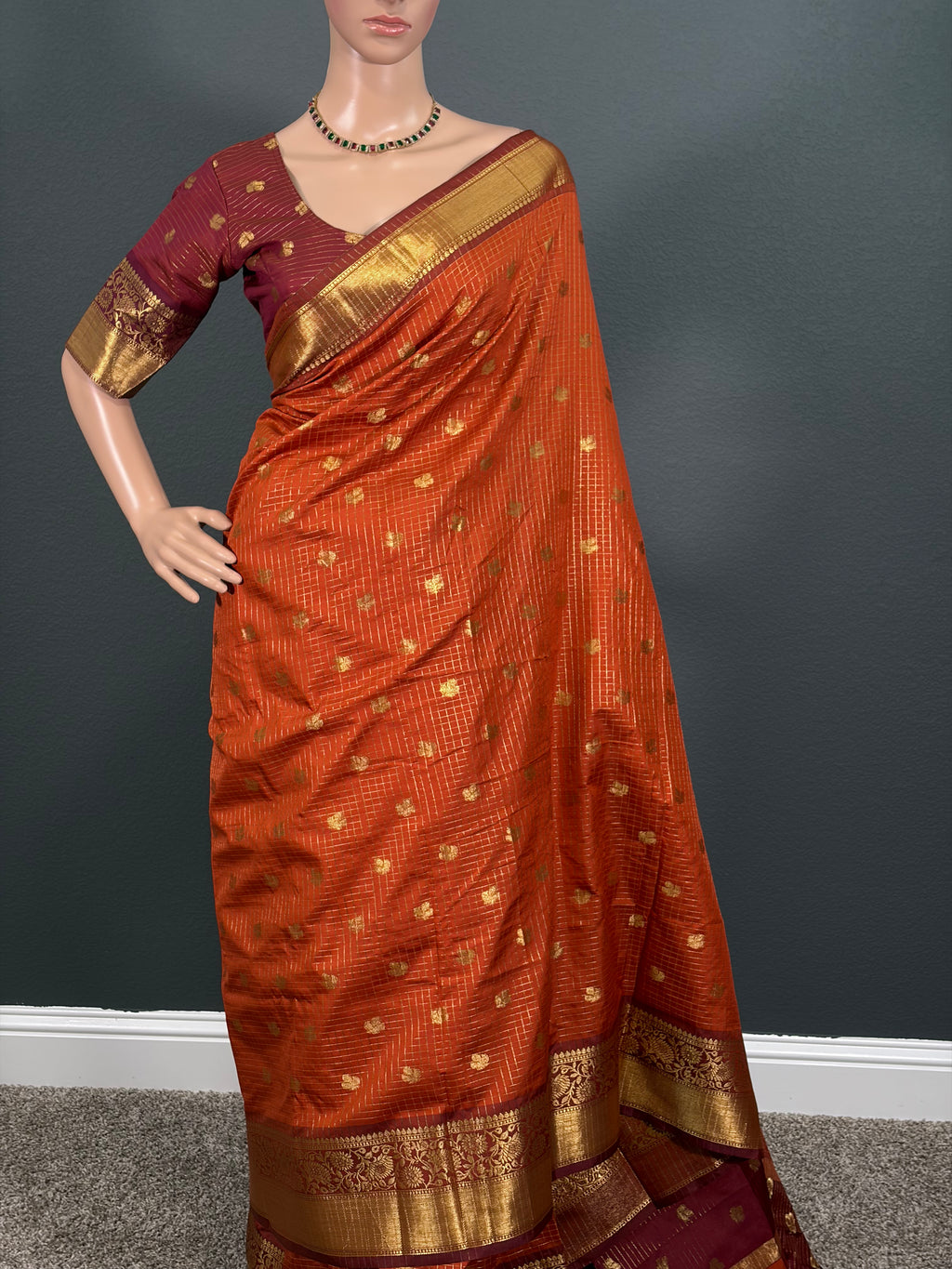 Beauty in Orange - Checked Banarasi Saree with stitched blouse (34" - 42")