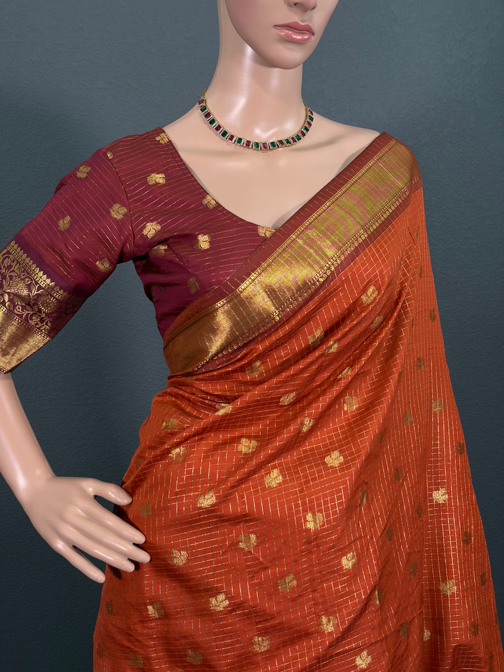 Beauty in Orange - Checked Banarasi Saree with stitched blouse (34" - 42")