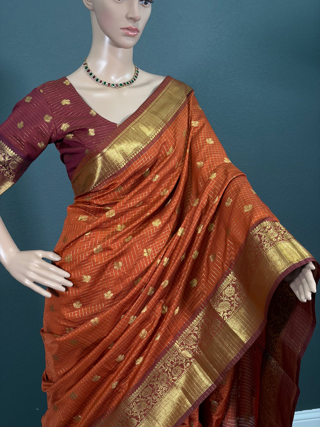 Beauty in Orange - Checked Banarasi Saree with stitched blouse (34" - 42")