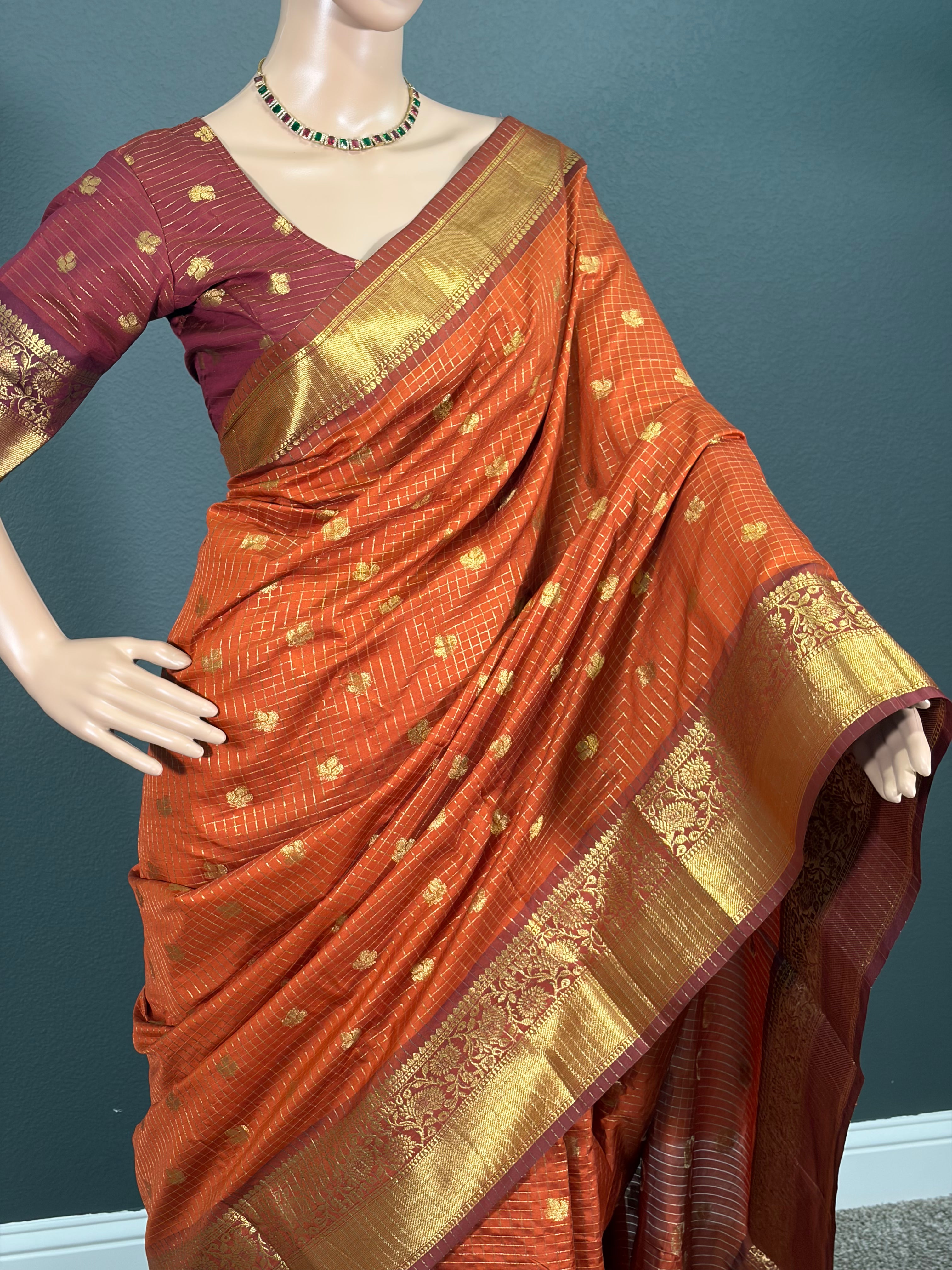 Beauty in Orange - Checked Banarasi Saree with stitched blouse (34" - 42")