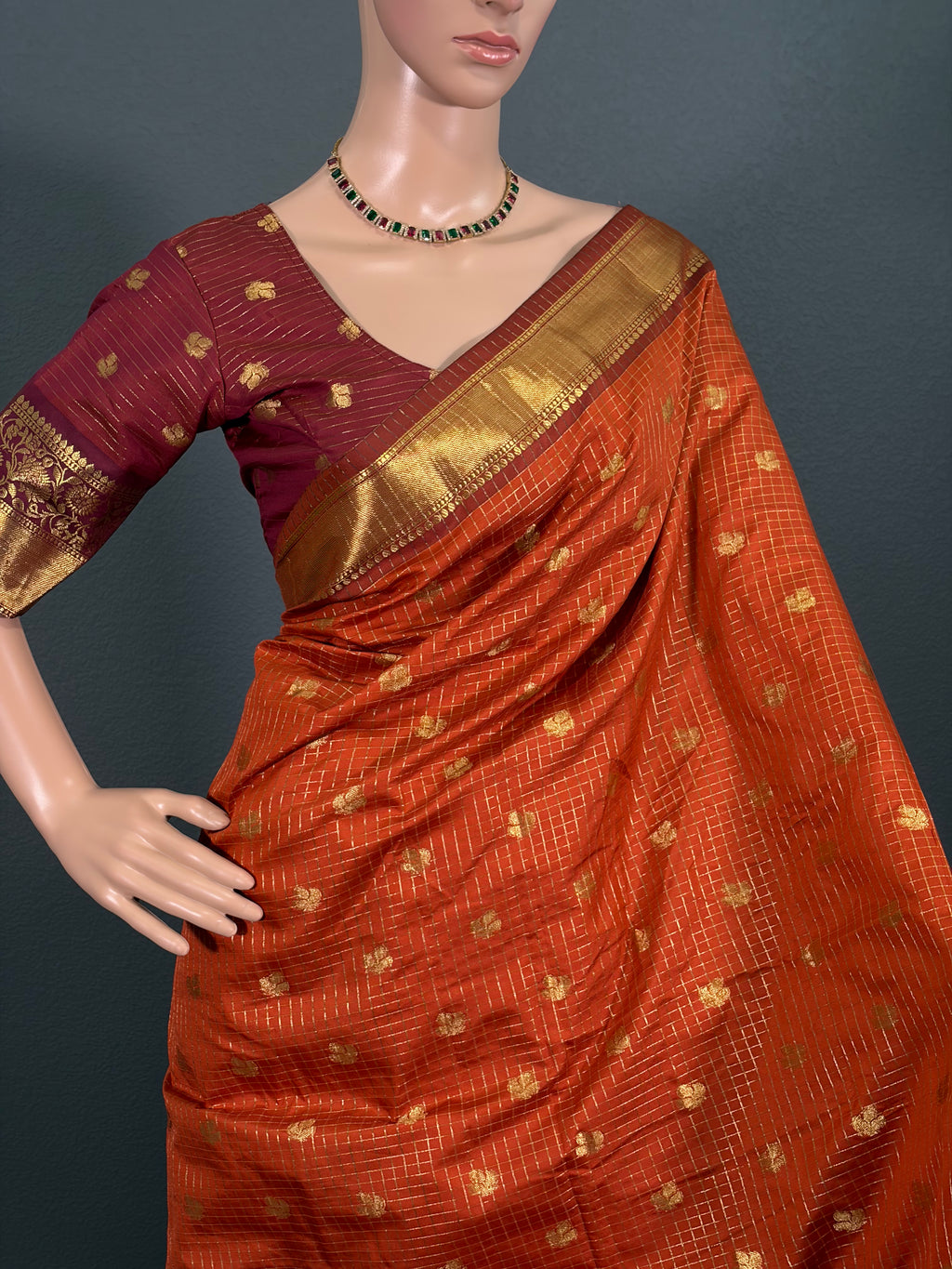 Beauty in Orange - Checked Banarasi Saree with stitched blouse (34" - 42")