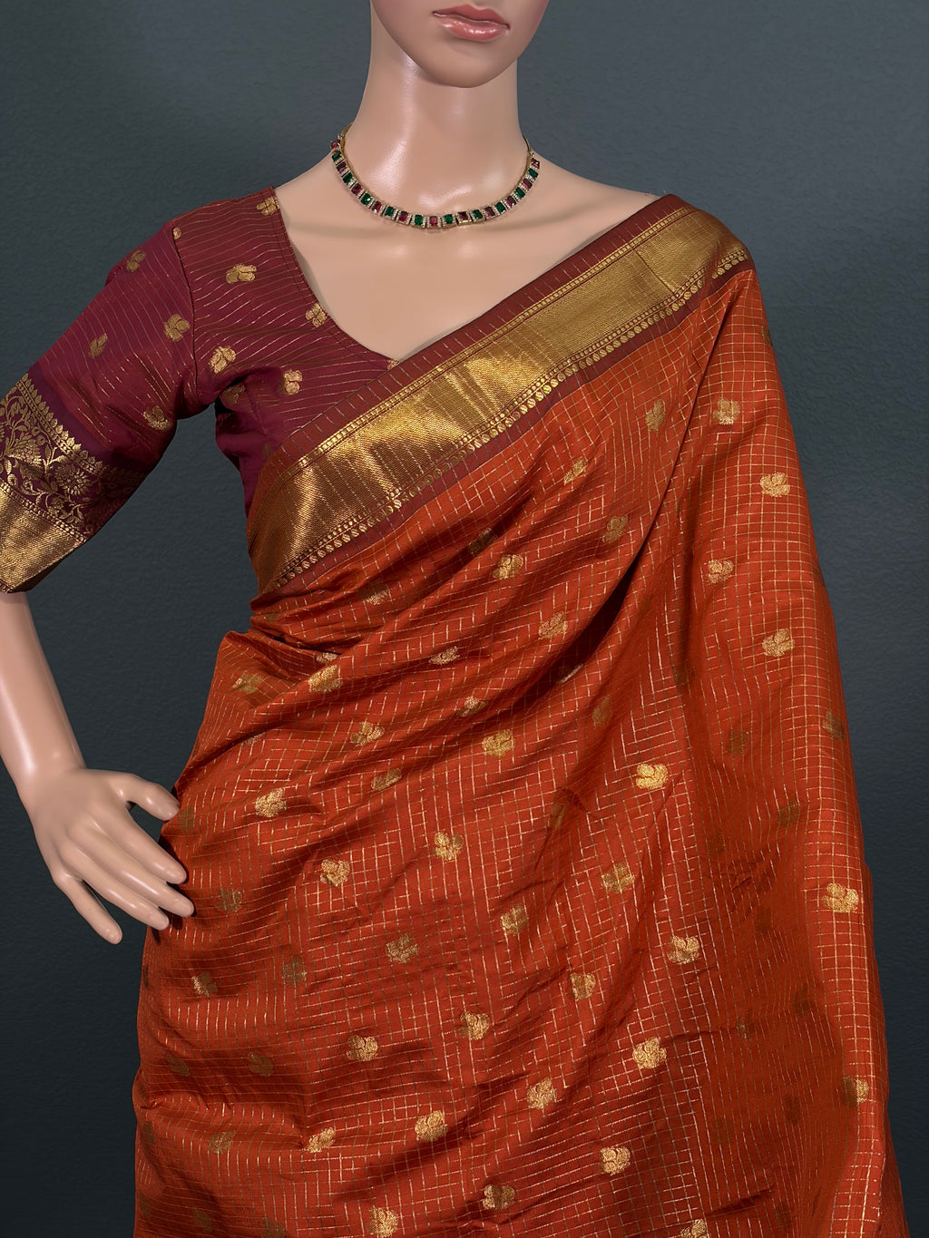 Beauty in Orange - Checked Banarasi Saree with stitched blouse (34" - 42")