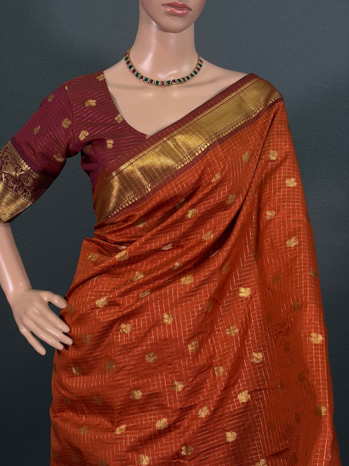 Beauty in Orange - Checked Banarasi Saree with stitched blouse (34" - 42")