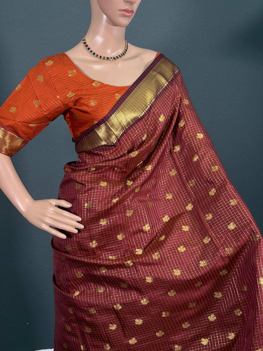 Maroon Majesty - Checked Banarasi Silk Saree with stitched Blouse (34" - 42")