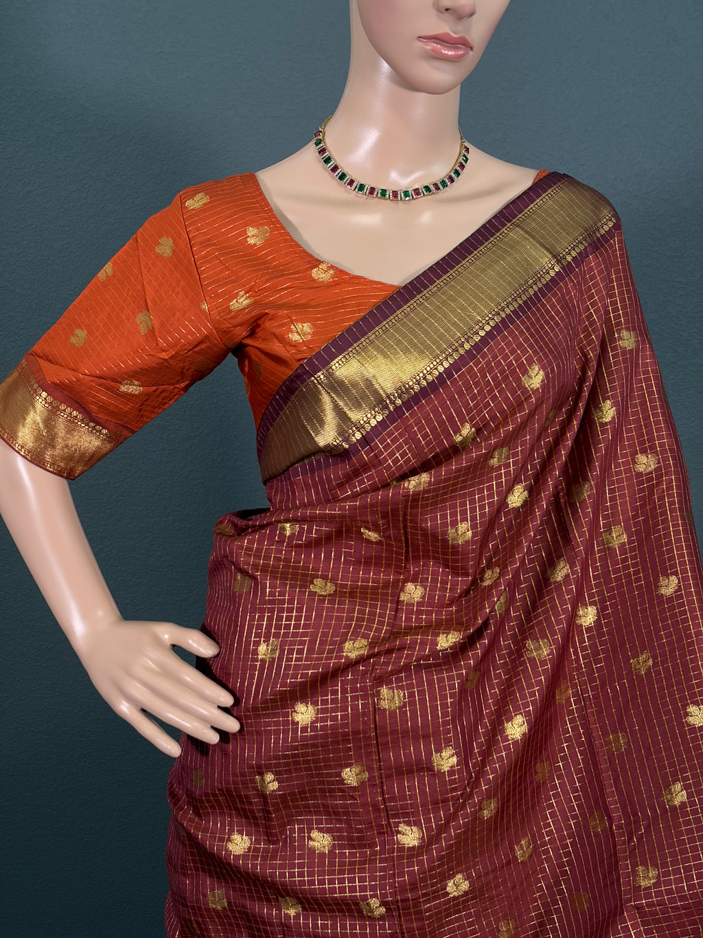 Maroon Majesty - Checked Banarasi Silk Saree with stitched Blouse (34" - 42")