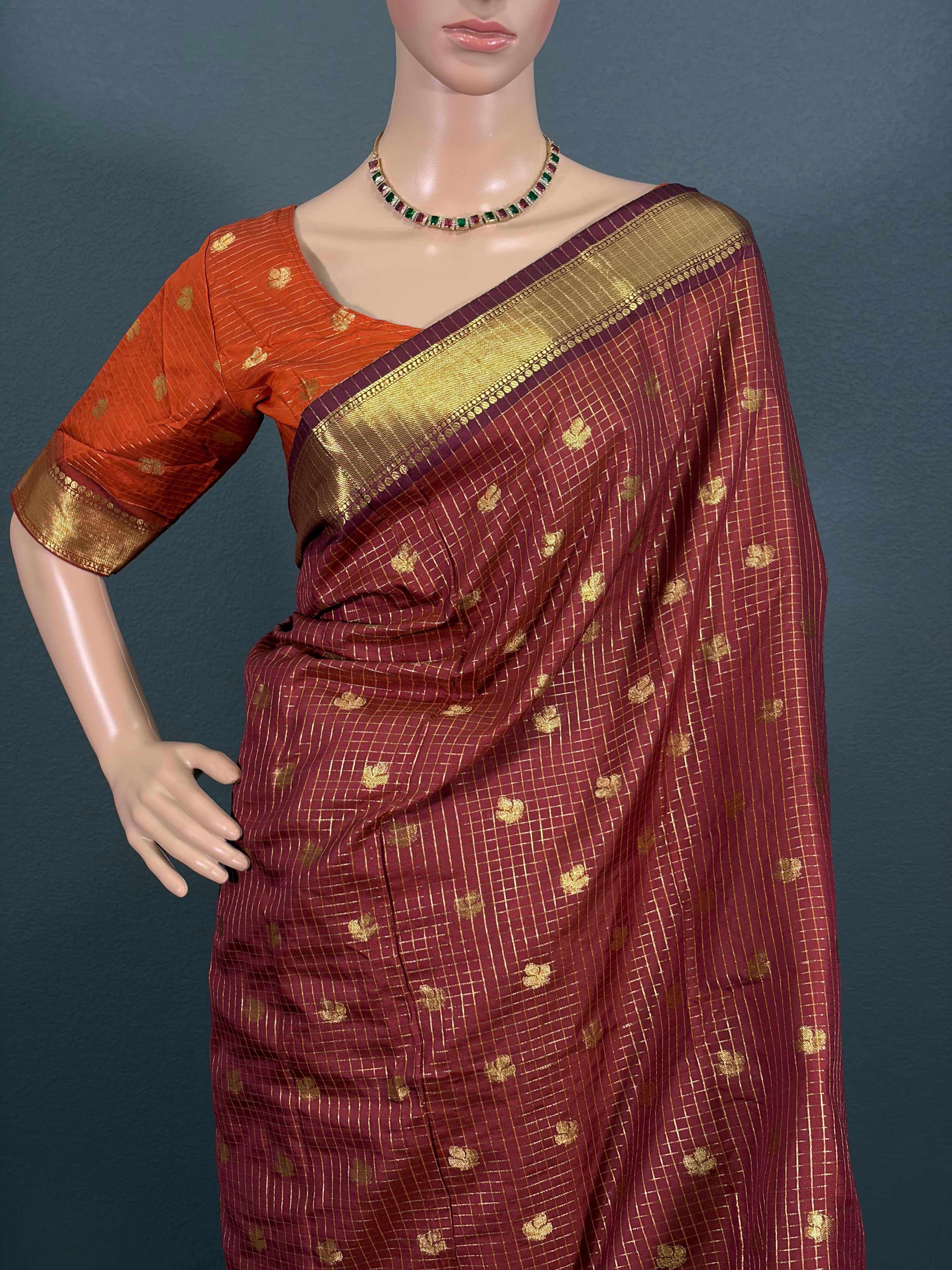 Maroon Majesty - Checked Banarasi Silk Saree with stitched Blouse (34" - 42")