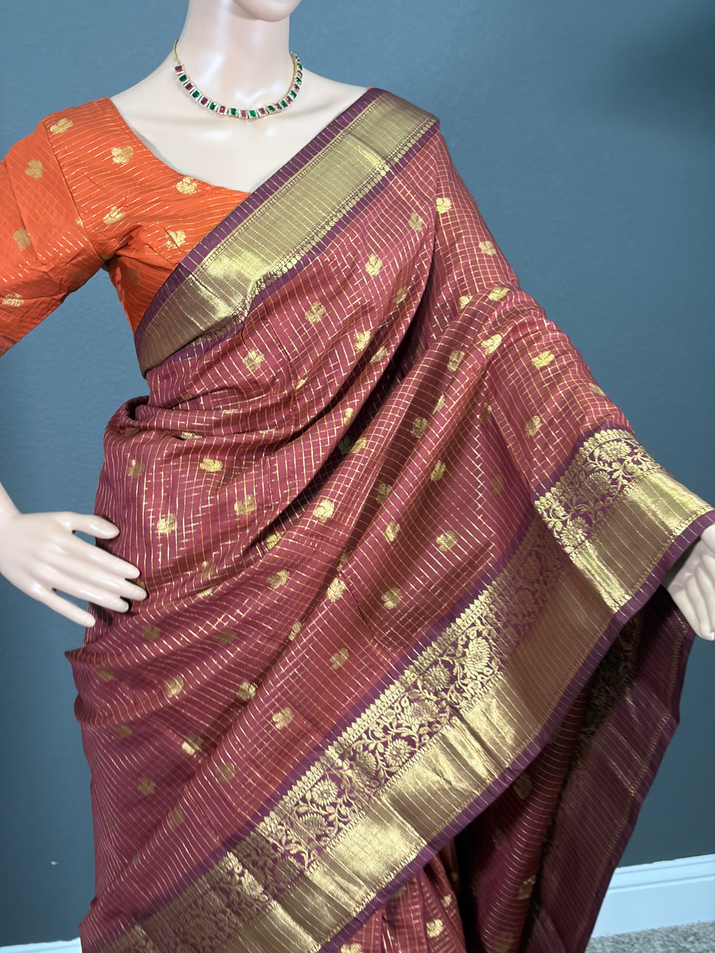Maroon Majesty - Checked Banarasi Silk Saree with stitched Blouse (34" - 42")