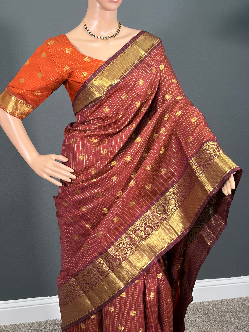 Maroon Majesty - Checked Banarasi Silk Saree with stitched Blouse (34" - 42")