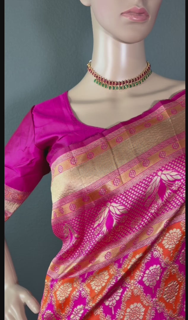 Maharani Blossom - Multi color Banarasi Silk saree with stitched blouse (34” - 42”)