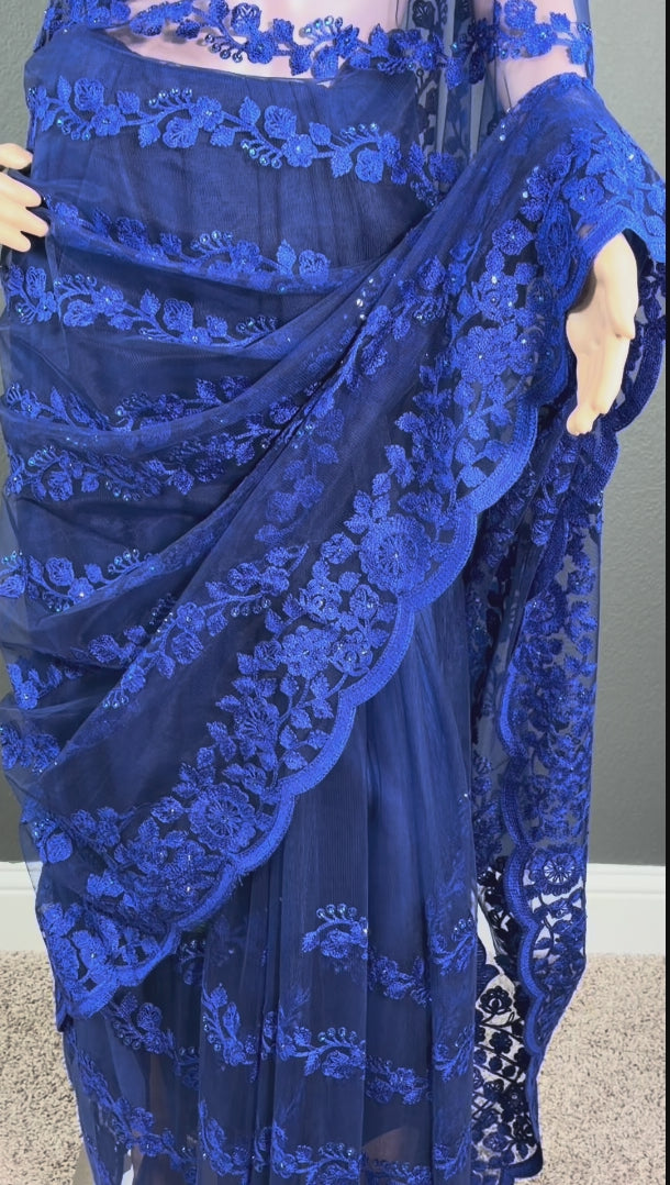 Blue Embroidered Net Designer Saree with stitched Blouse | Alterable (36" - 42")
