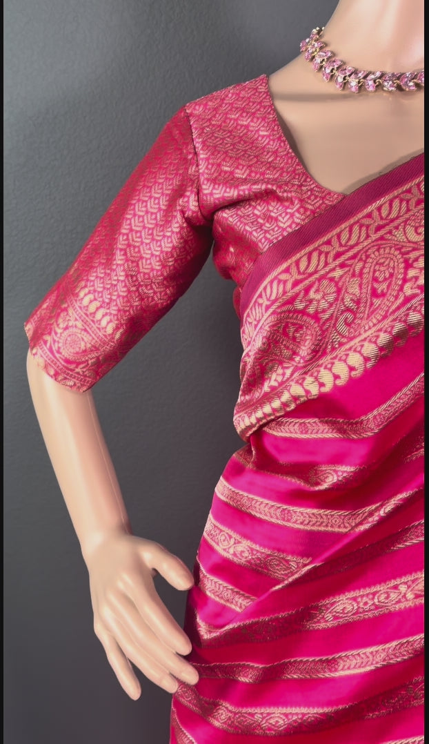Pink Aura Striped Saree - Banarasi Silk Saree with Blouse