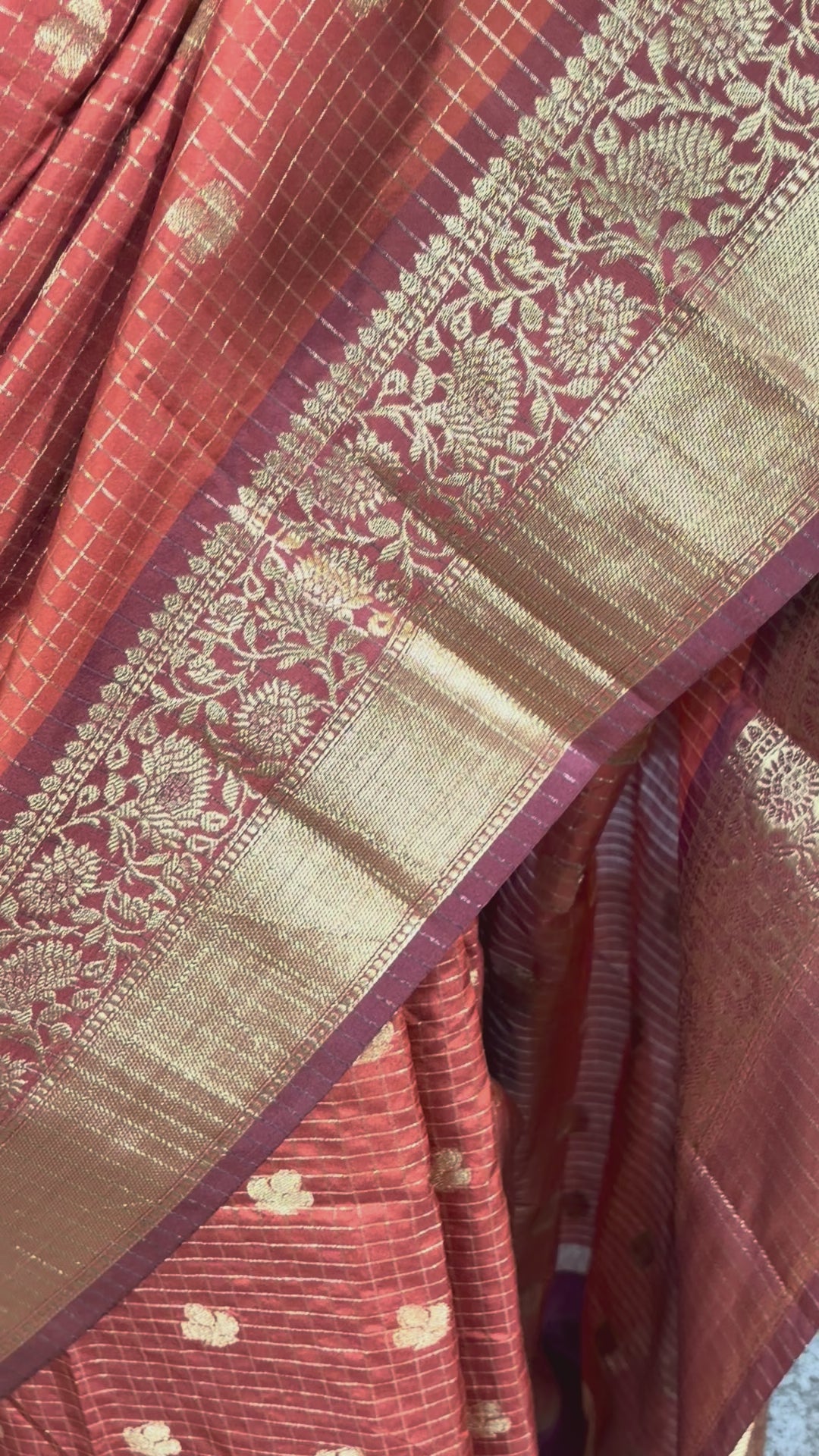Beauty in Orange - Checked Banarasi Saree with stitched blouse (34" - 42")
